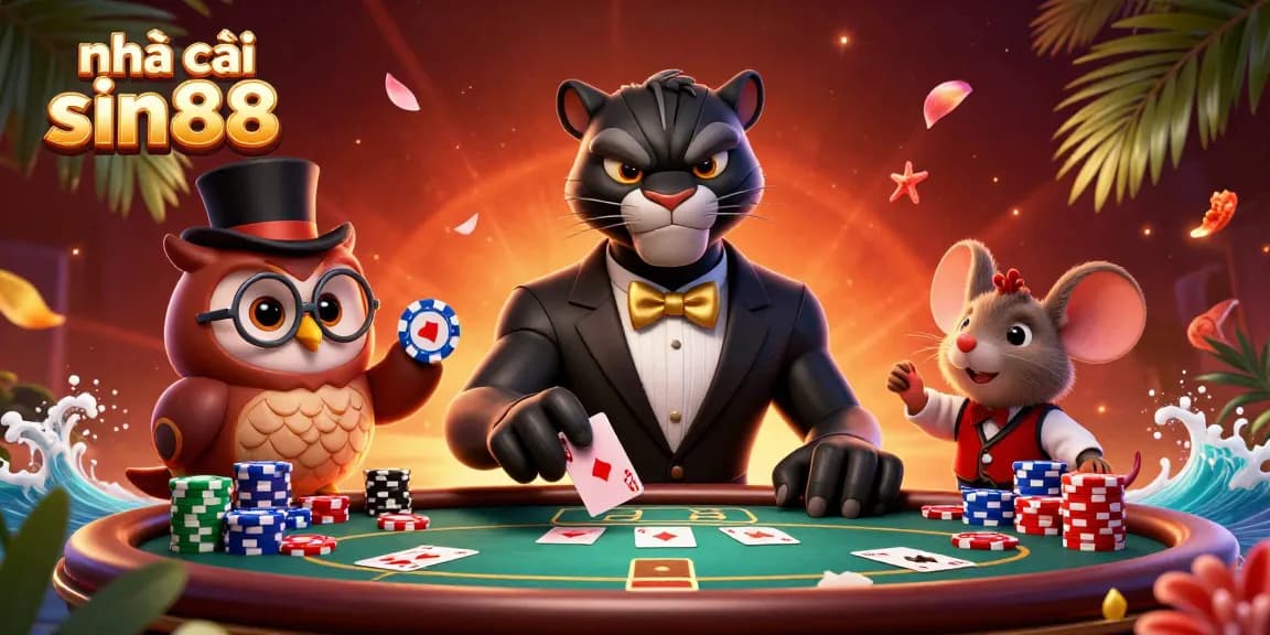 Experience the excitement at nhà cái sin88 with vibrant casino-themed characters engaging in a lively card game.