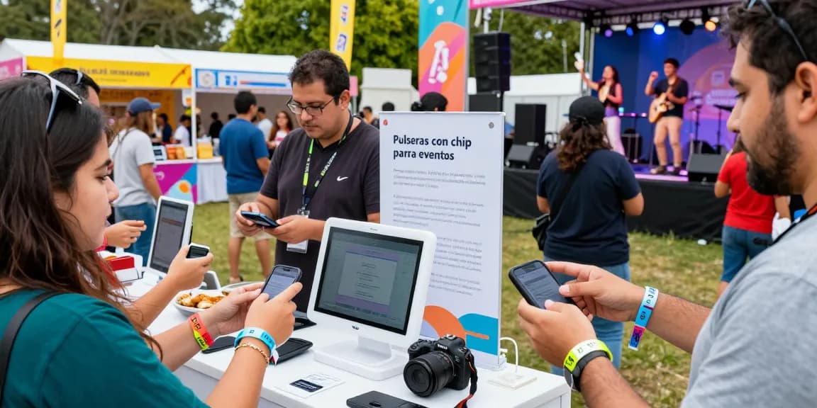 Attendees enjoying a festival with pulseras con chip para eventos, interacting at booths and engaging in cashless payments.