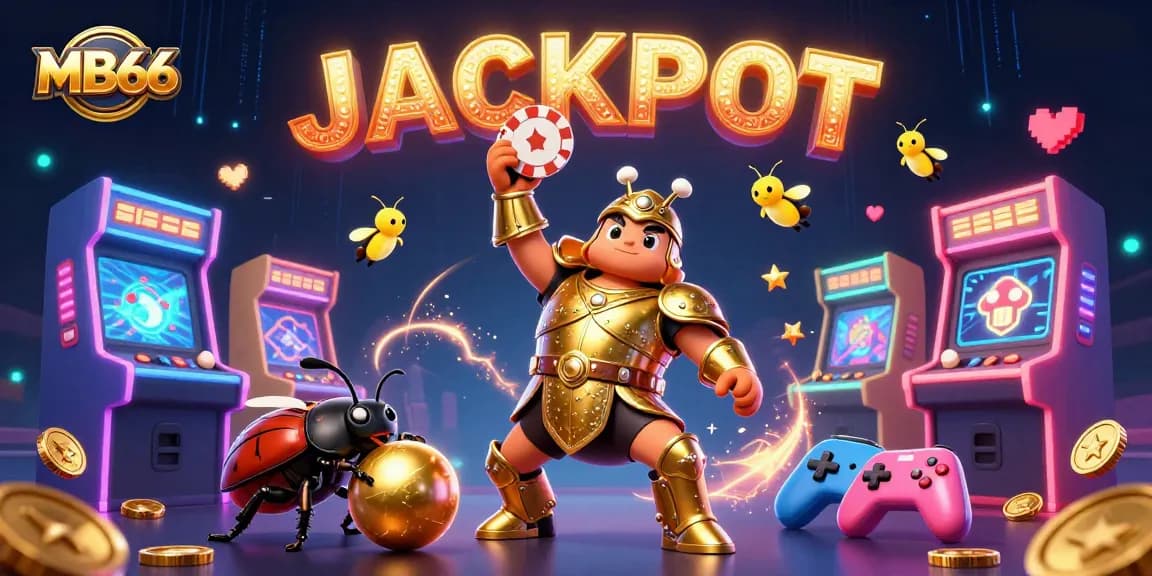 MB66 enhances gaming with a 3D beetle champion and vibrant jackpot celebration.
