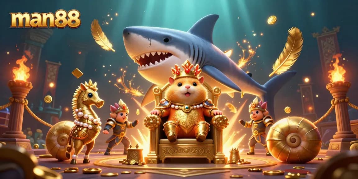 Experience man88's thrilling gaming environment with a fierce hamster king on a megalodon throne.