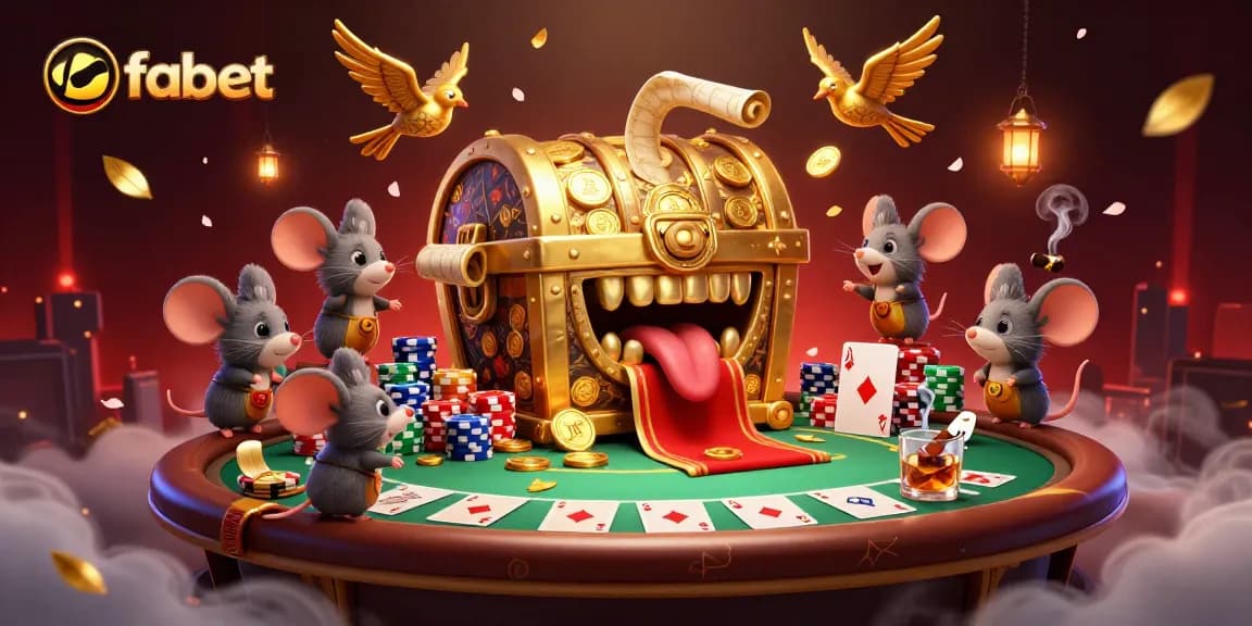 Fabet captivates players with a lively poker scene filled with treasures, chips, and golden characters.
