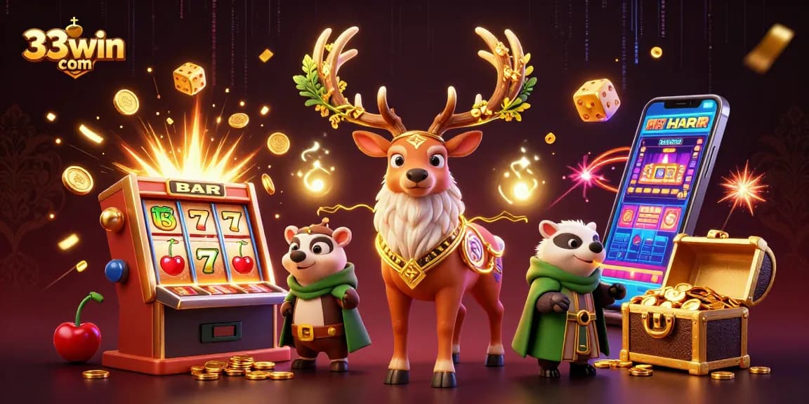 Experience excitement at 33win com with a thrilling slot jackpot burst illustration filled with vibrant casino elements.