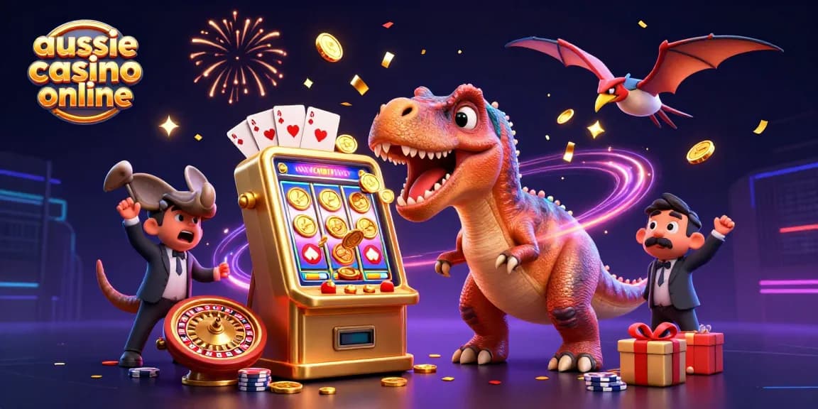 A 3D cartoon scene from aussie casino online with a dinosaur winning jackpot coins, showcasing casino elements.
