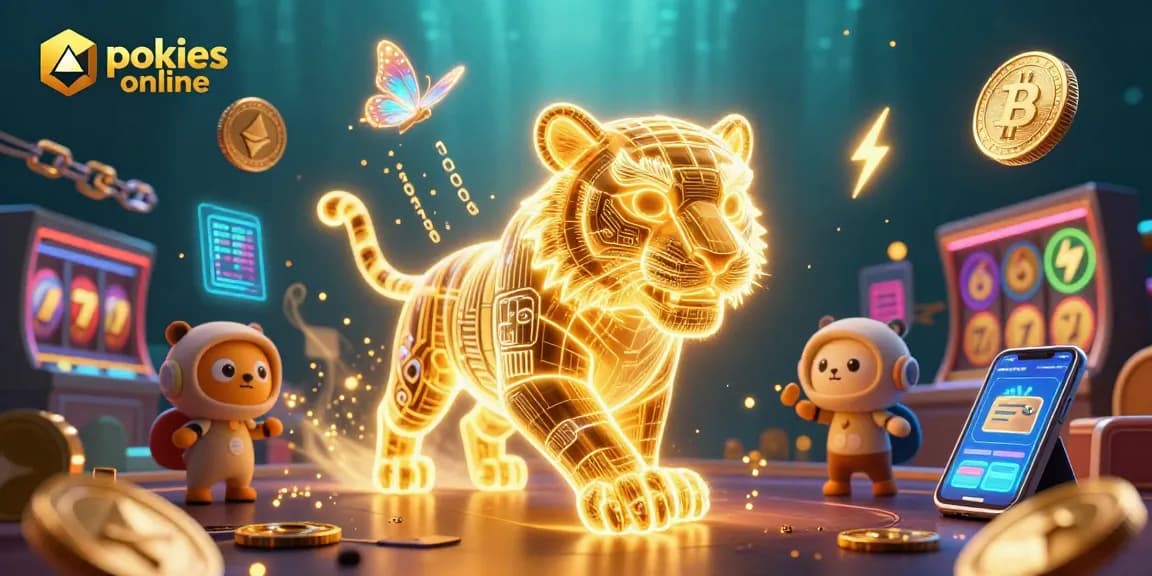 Experience pokies online with vibrant 3D scenes of golden tigers and slot elements lighting up digital casinos.