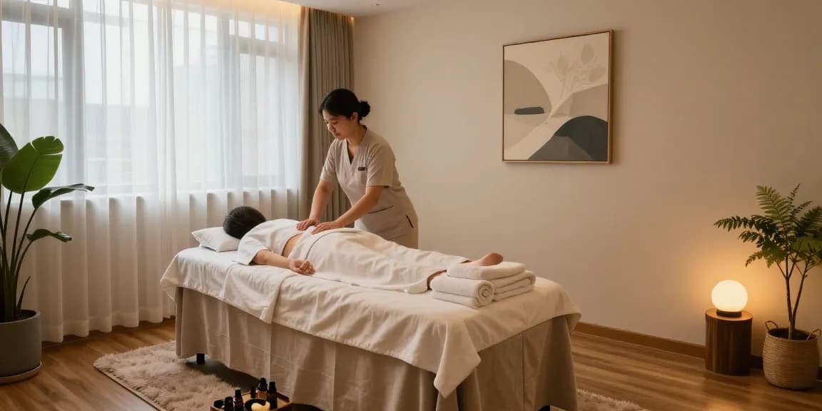 Relaxing 강남출장마사지 studio with serene therapist and calming ambiance.