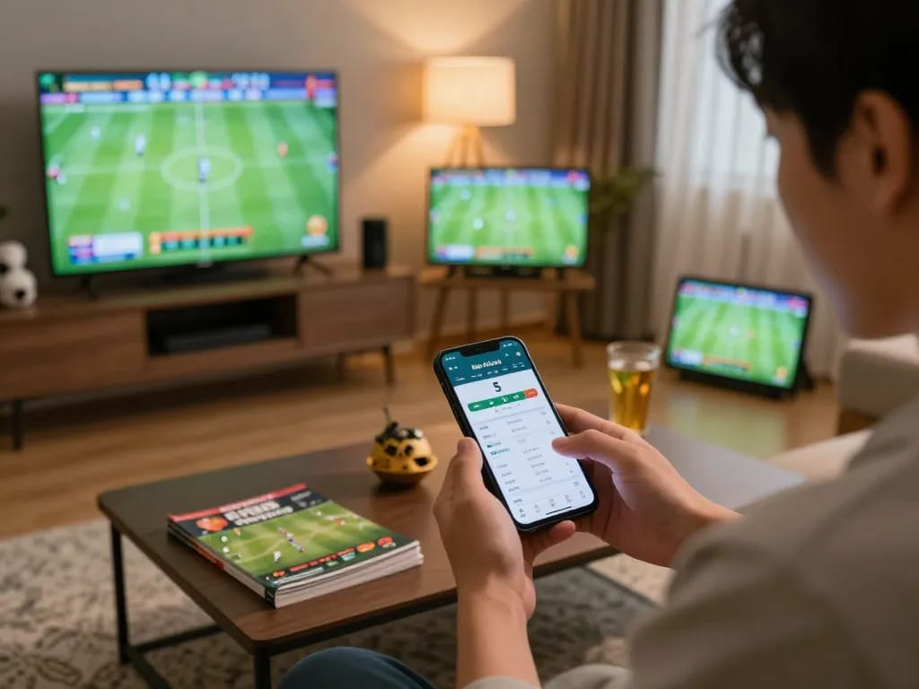 Engaging sports betting with kèo nhà cái 5 displayed on smartphone, cozy home setup