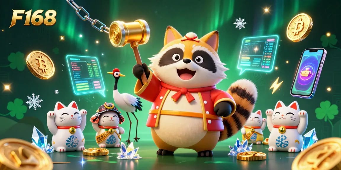 Experience F168's vibrant casino atmosphere with 3D characters and crypto elements in a winning scene.