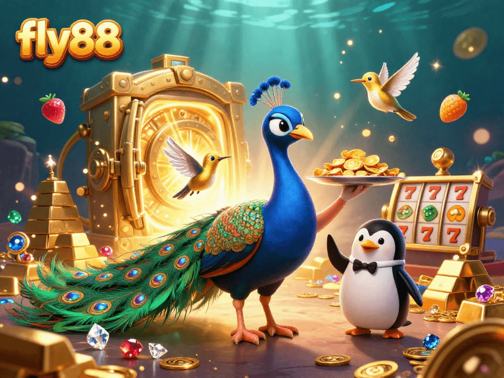 Fly88 features a vibrant scene with a peacock and a penguin amidst golden treasures and engaging slot game elements.