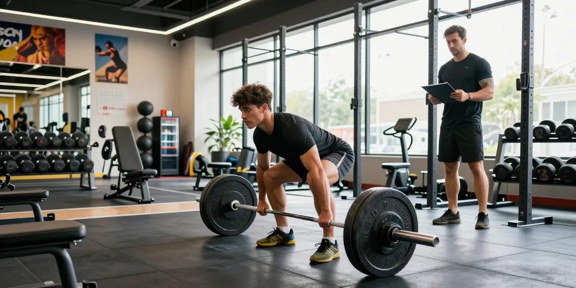 Entrenador y atleta en Esteroidesshop realizando levantamiento de pesas en un gimnasio moderno.