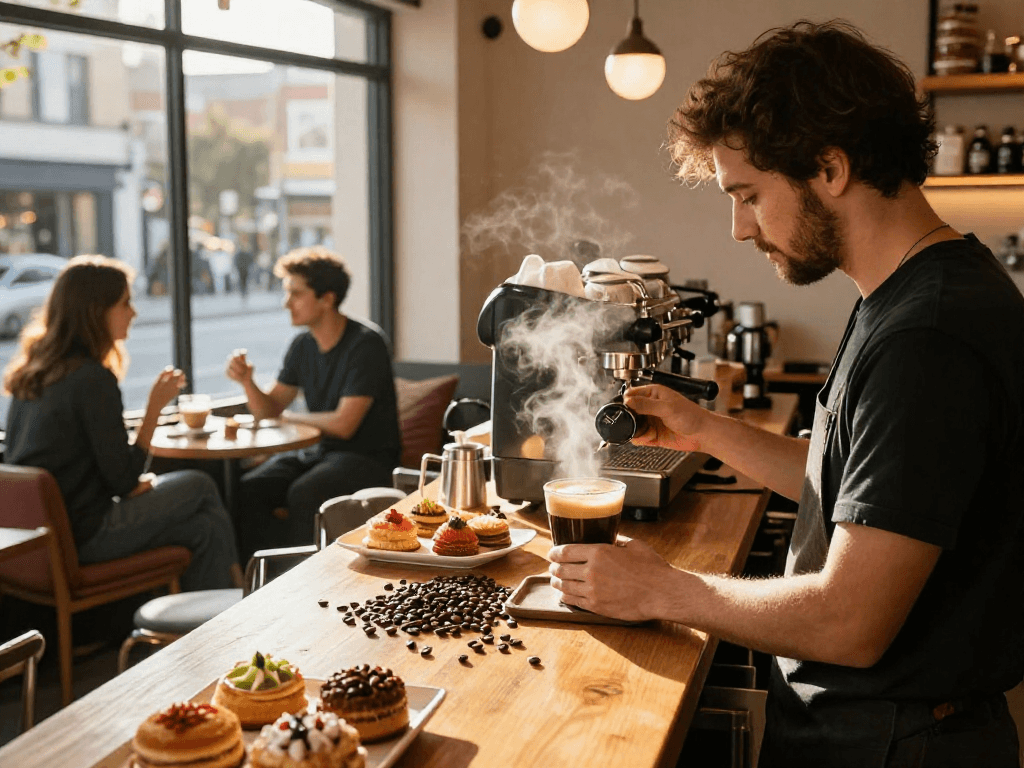 rokok88 coffee preparation scene with barista at work in a cozy coffee shop atmosphere