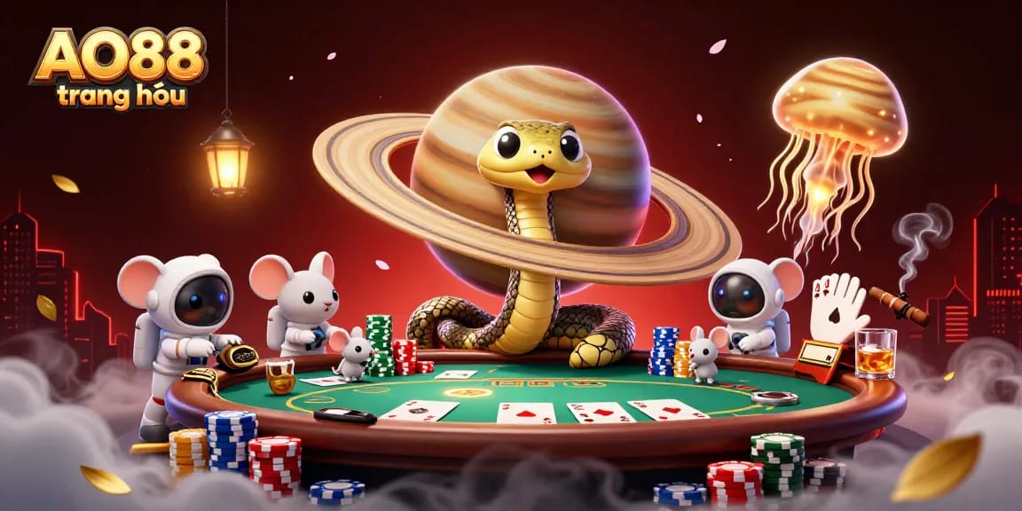 Engage with the dynamic AO88 trang chủ scene featuring a Saturn ring snake, astronaut mice betting and a golden jellyfish dealer.