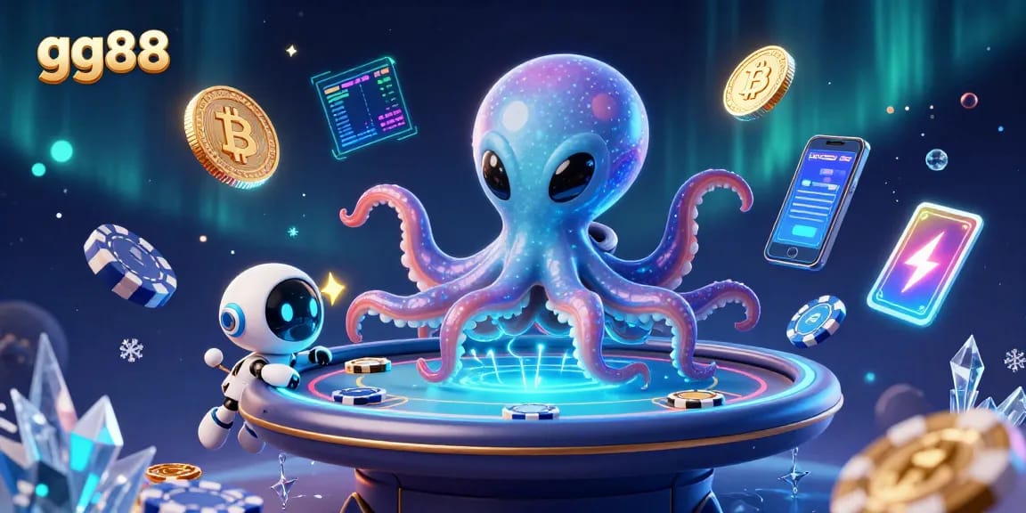 Experience the thrilling gg88 casino action with a holographic poker table and vibrant crypto elements in space.