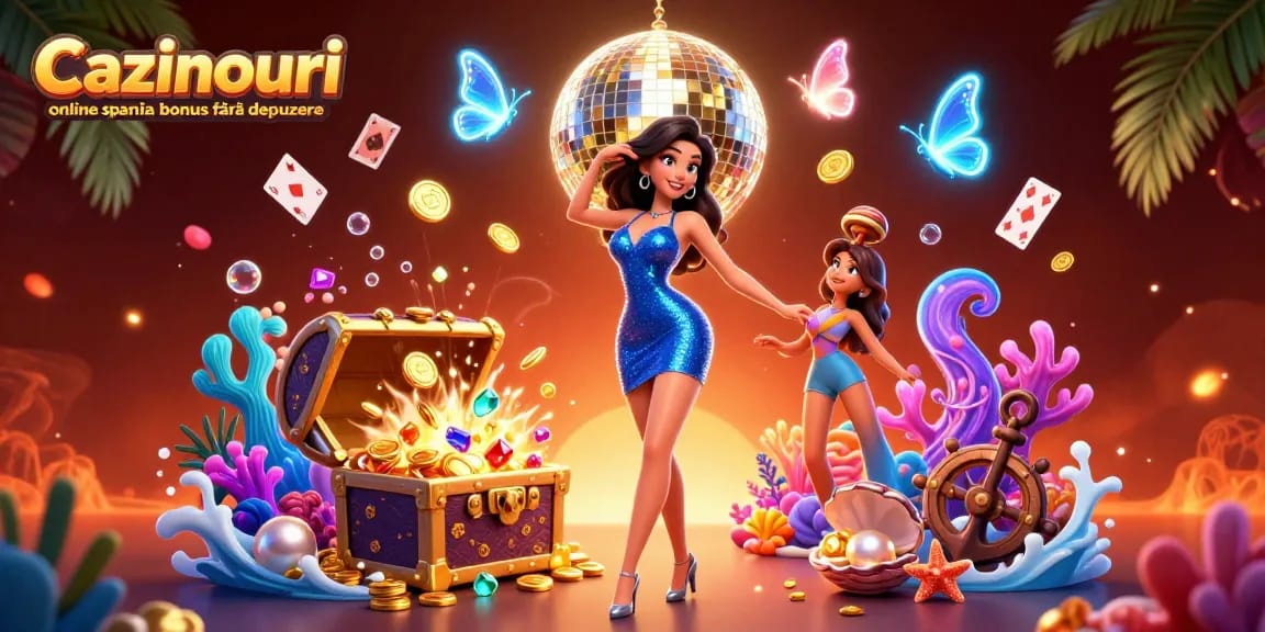 Cazinouri online spania bonus fără depunere: Capture winnings with dynamic casino illustration featuring vibrant characters and games.