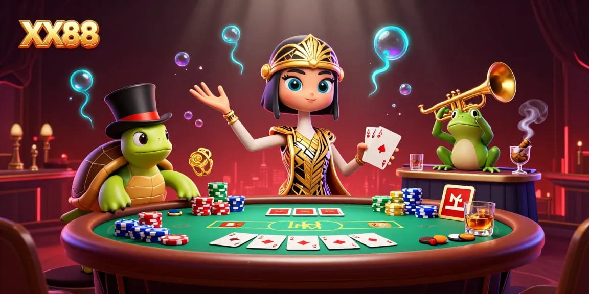 Engage with XX88's exciting gaming atmosphere featuring vibrant characters and dynamic poker elements.