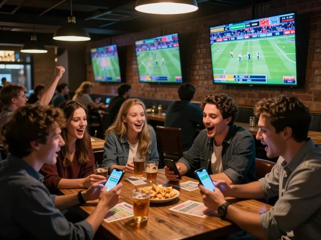 Exciting sports betting moment at fly888 with friends cheering for their favorite teams.