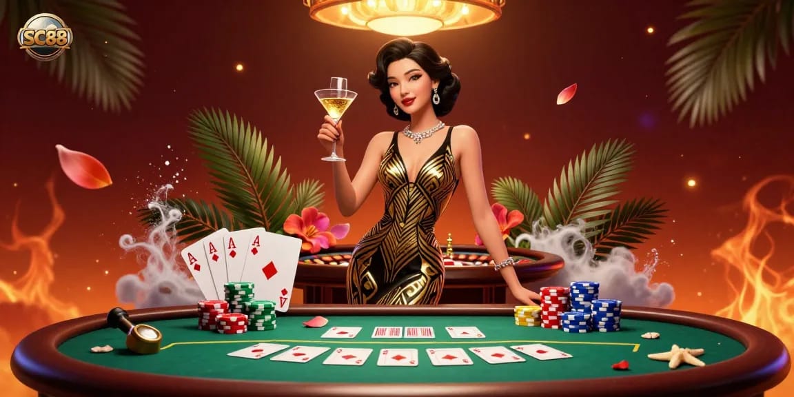 Experience the SC88 casino magic with an elegant Asian woman amidst vibrant poker and roulette elements.