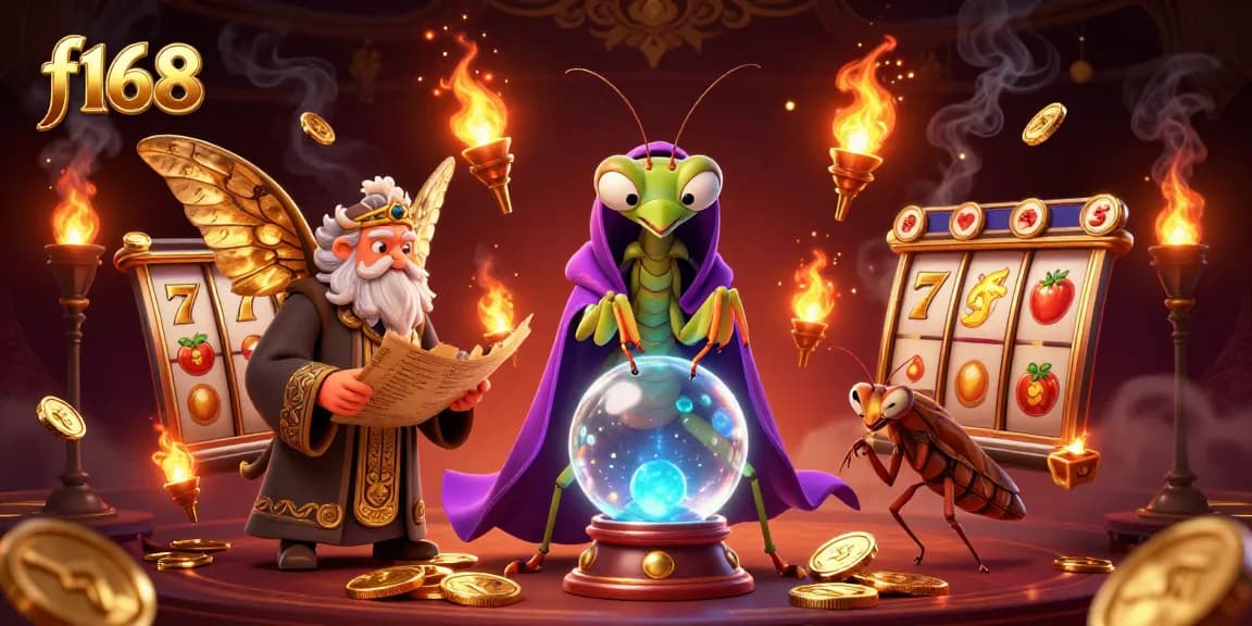 Engage with f168's vibrant casino experience featuring a mystical fortune teller and captivating slot elements.