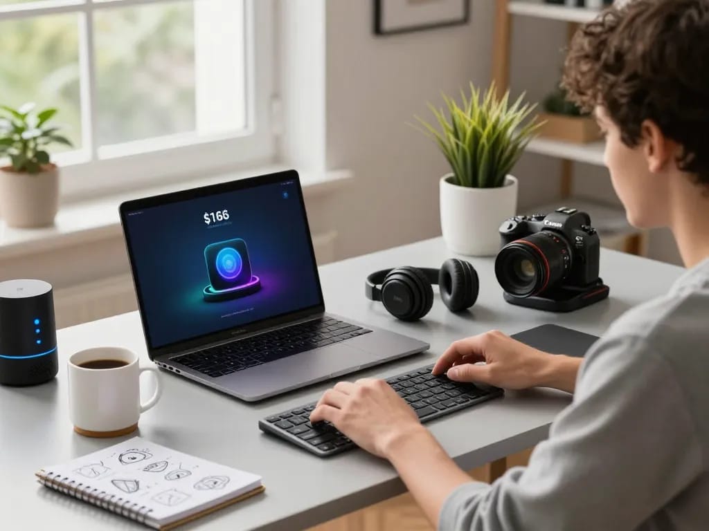 Explore cool tech gadgets under $166 on a modern workspace featuring innovative devices, a laptop, and accessories.