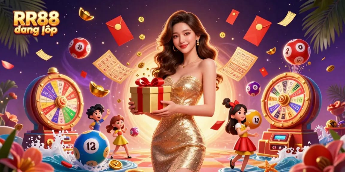 Play and win with RR88 đăng nhập as stunning Asian woman holds golden prize amidst vibrant casino chaos.