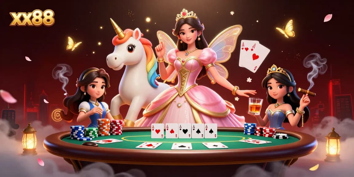 Experience excitement at xx88 casino surrounded by poker chips and magical elements.