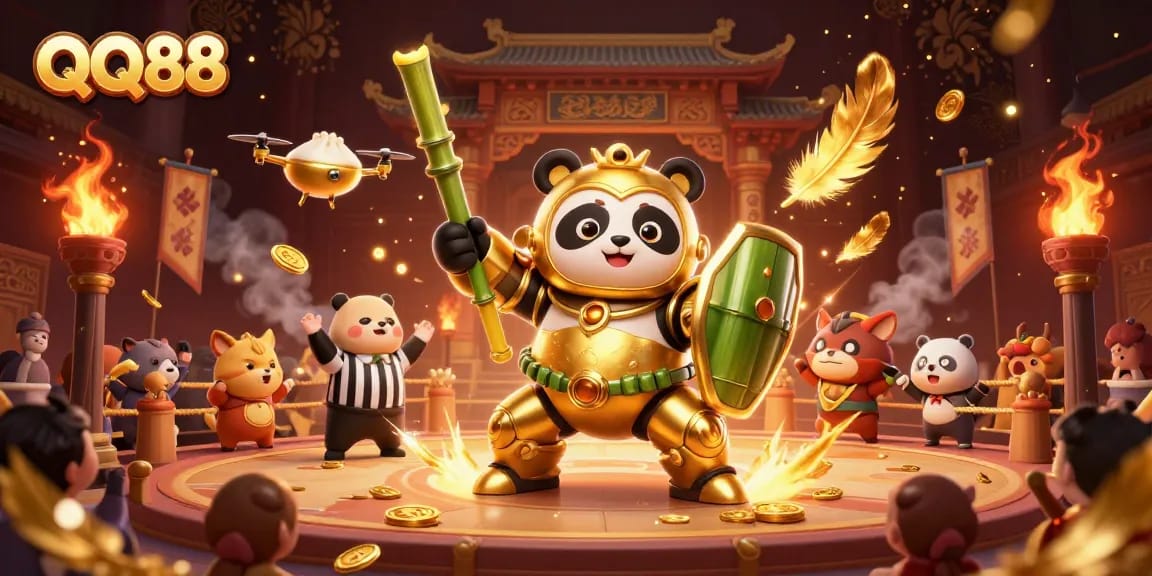 Experience thrilling gaming at QQ88 with a dynamic 3D scene featuring exciting gambling elements.
