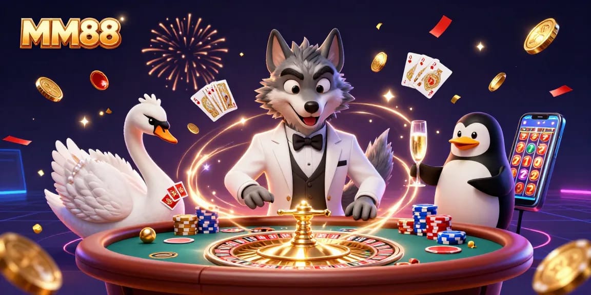 Experience excitement at MM88 with a debonair wolf, elegant swan, and savvy penguin in a vibrant casino scene.