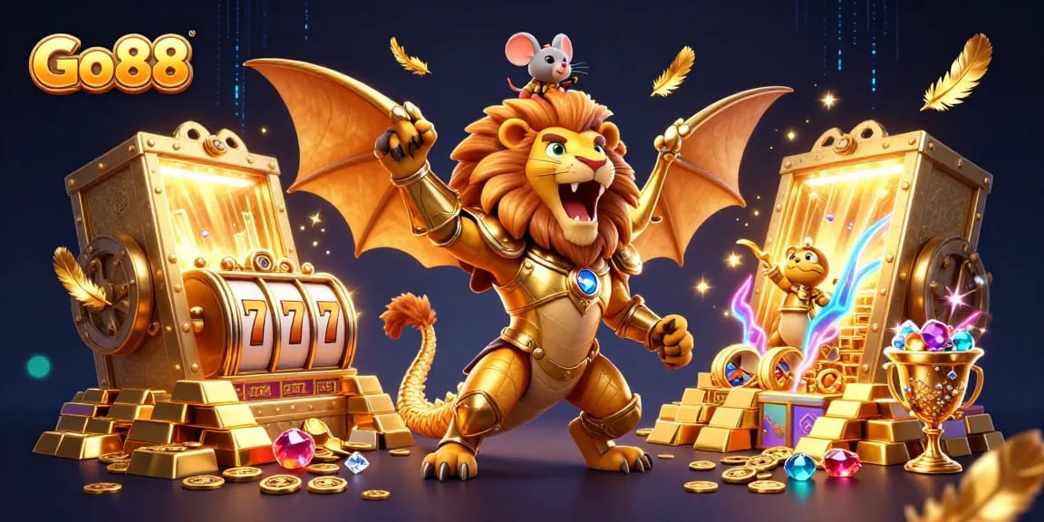 Go88 slots revel in victory as the chimera and mouse jockey celebrate in a treasure-filled casino.