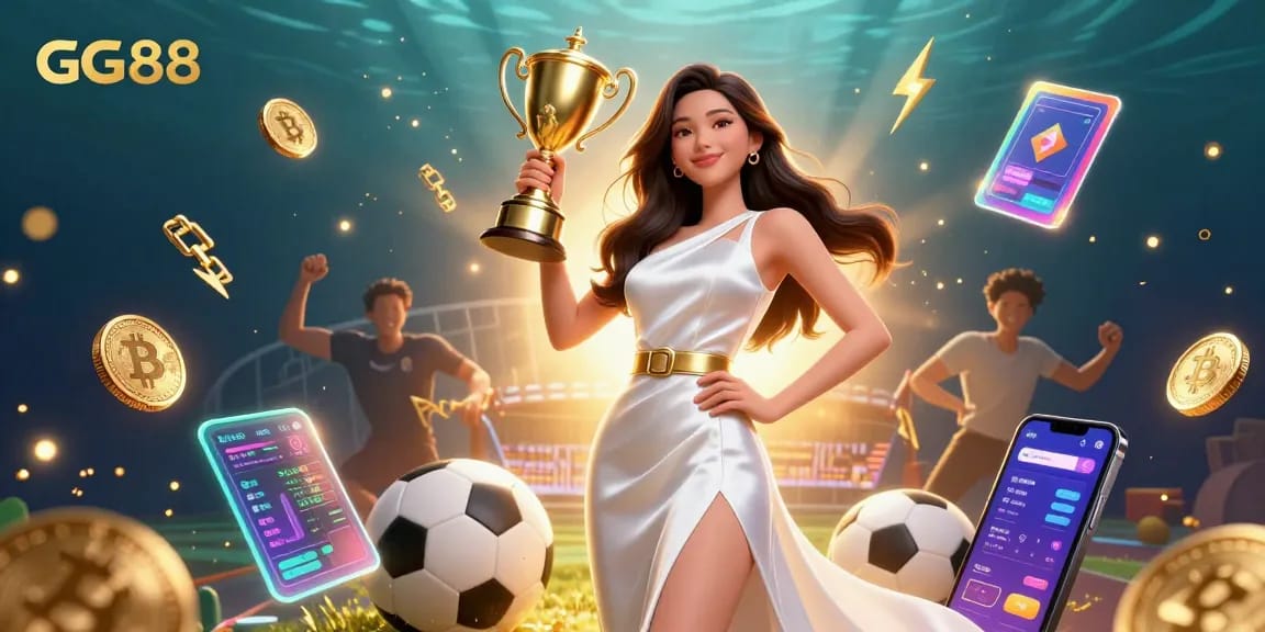 Experience the excitement of GG88 with a victorious Asian woman celebrating her win in a stunning 3D casino illustration.