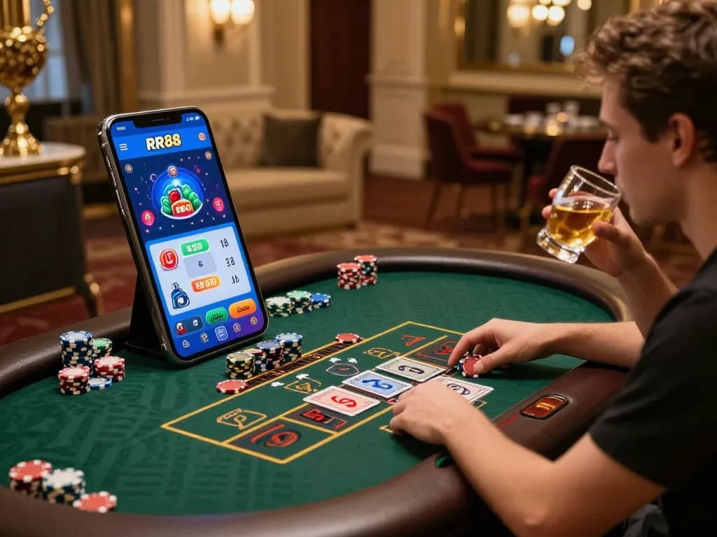 Player engaging with RR88 online casino app on mobile device while strategizing game bets