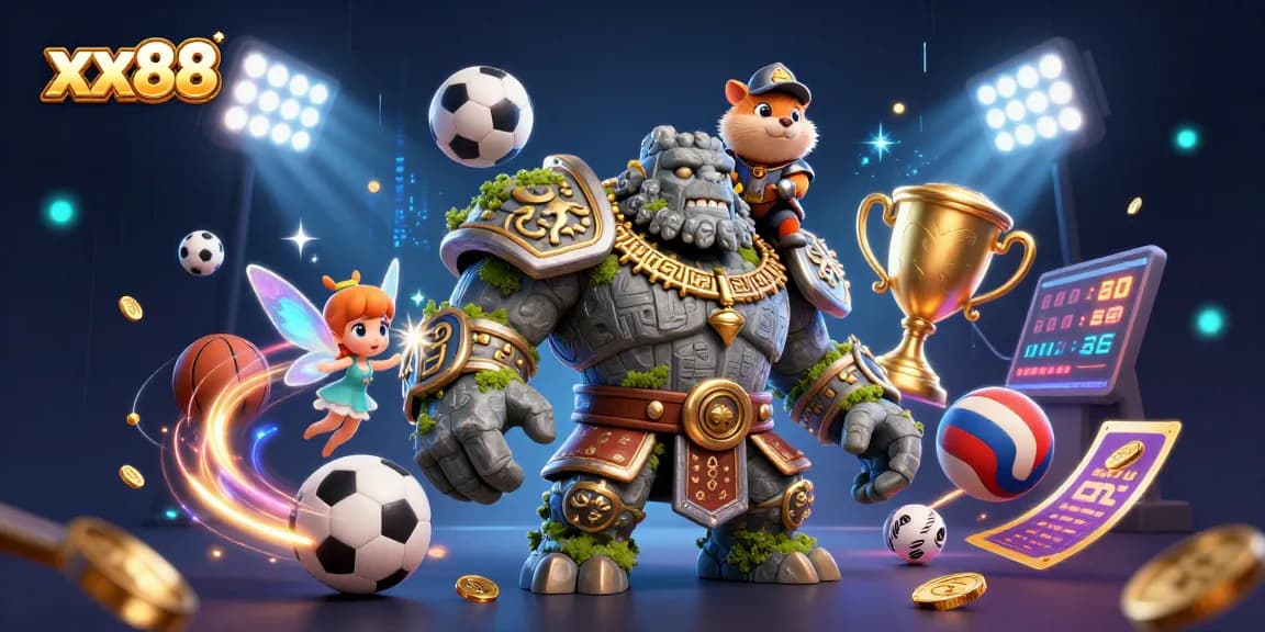 Bet on exhilarating games at xx88, featuring a dynamic scene with animated characters and gaming elements.