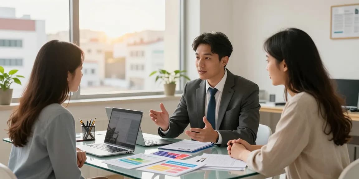 Consultation on préstamo hipotecario options with couple in modern office setting.