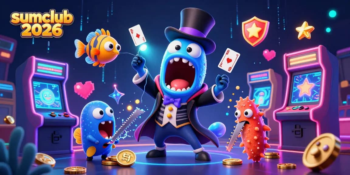 Experience sumclub 2026 with vibrant 3D characters performing magical card tricks amidst a dynamic casino scene.