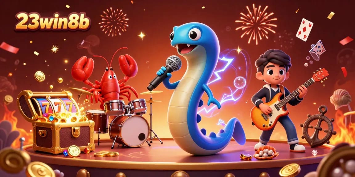 Witness the electric eel DJ at 23win8b's vibrant underwater casino show, surrounded by thrilling slot elements.