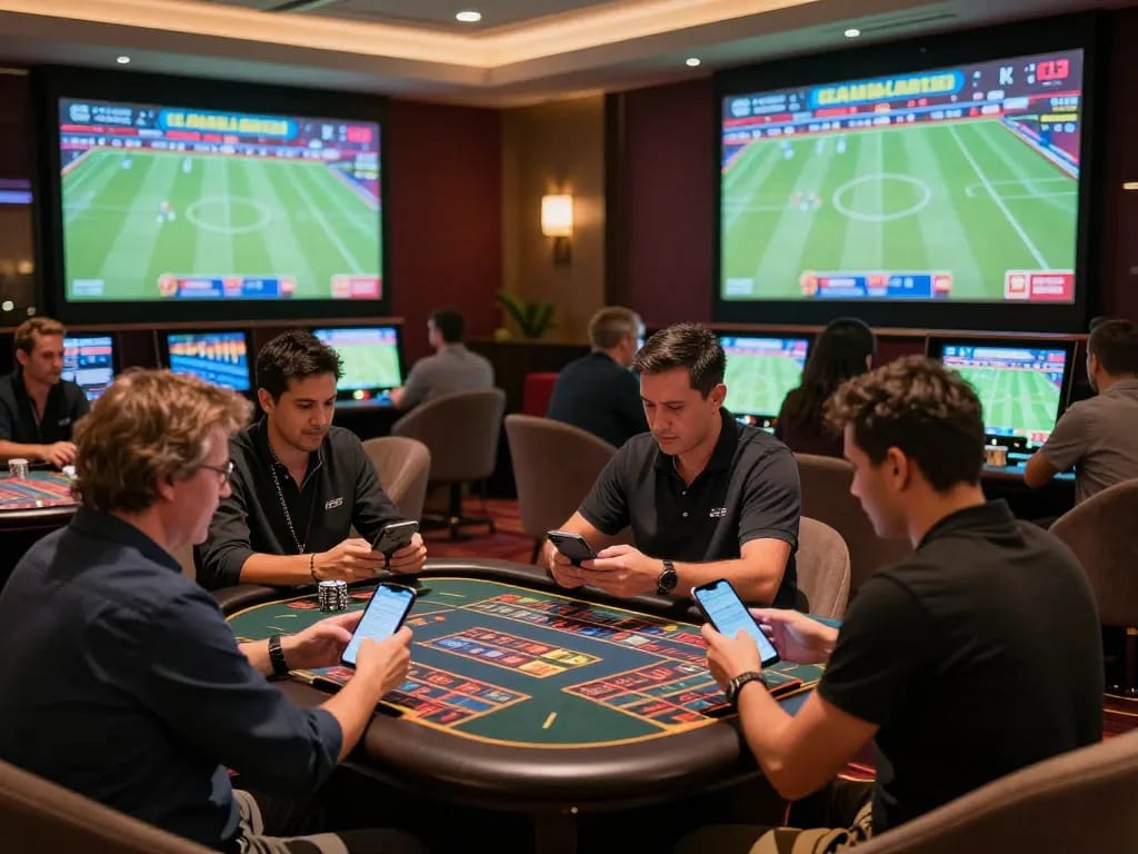 Engaged bettors using keonhacai5 app for live sports betting on smartphones in a vibrant casino.