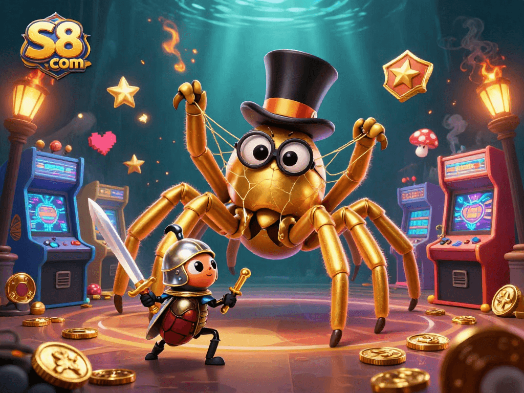 Experience gaming excitement at S8 com with a vibrant casino-inspired 3D illustration featuring dynamic characters and game elements.