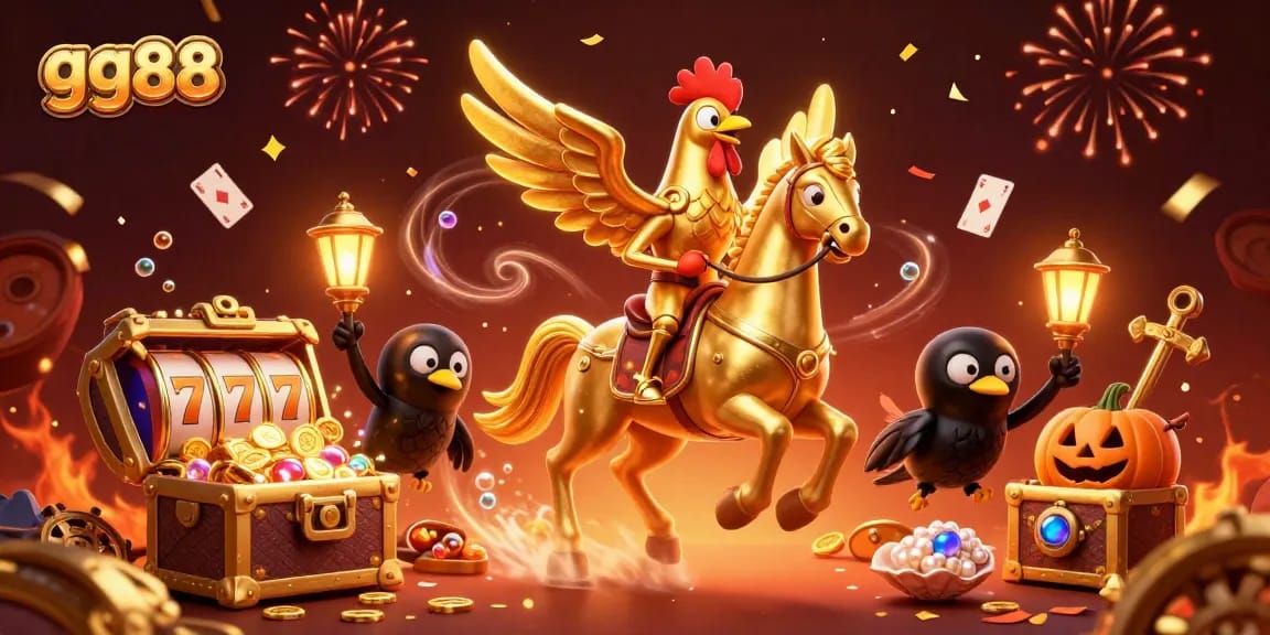 Experience the thrill of gg88 with golden rooster animations amidst casino excitement.