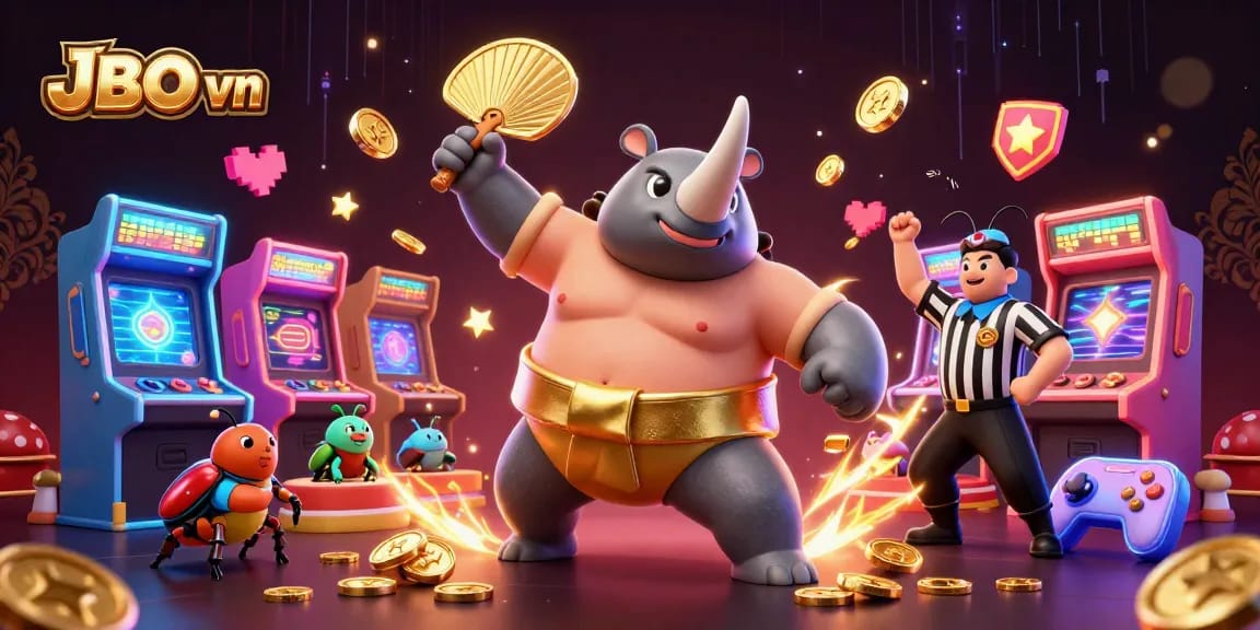 Experience the excitement at JBO vn with a lively illustration of a sumo beetle champion sending coins flying in a vibrant casino atmosphere.