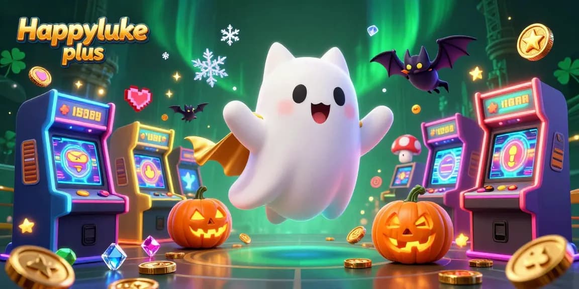 Play exciting casino games with Happyluke plus featuring a ghost cat, bat, and glowing jack-o-lanterns