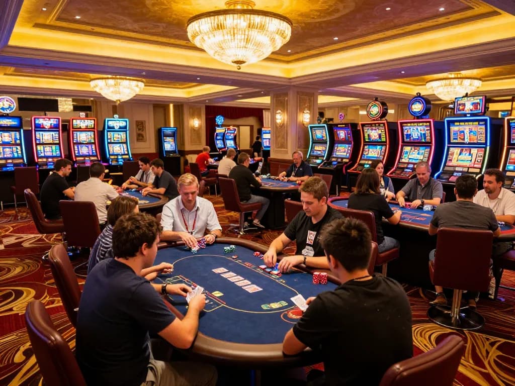 CM88 players engaged in exciting poker gameplay inside a lavish casino setting with vibrant lighting