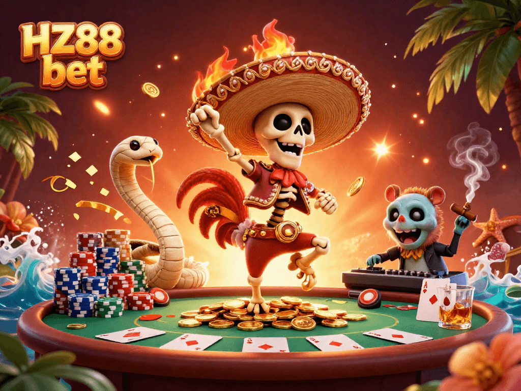 Experience the excitement of HZ88 bet with a vibrant casino scene featuring a dancing mariachi rooster and a DJ hamster.