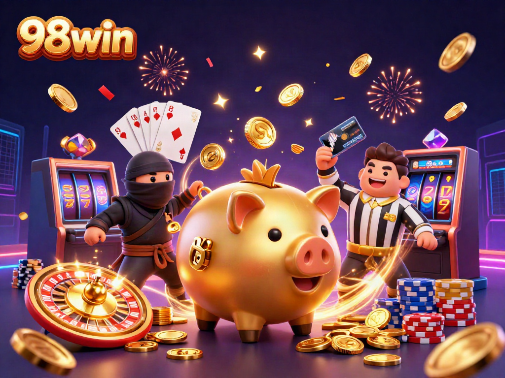 Engaging scene showcasing 98win with dynamic gaming elements and vibrant characters, perfect for attracting gamblers.