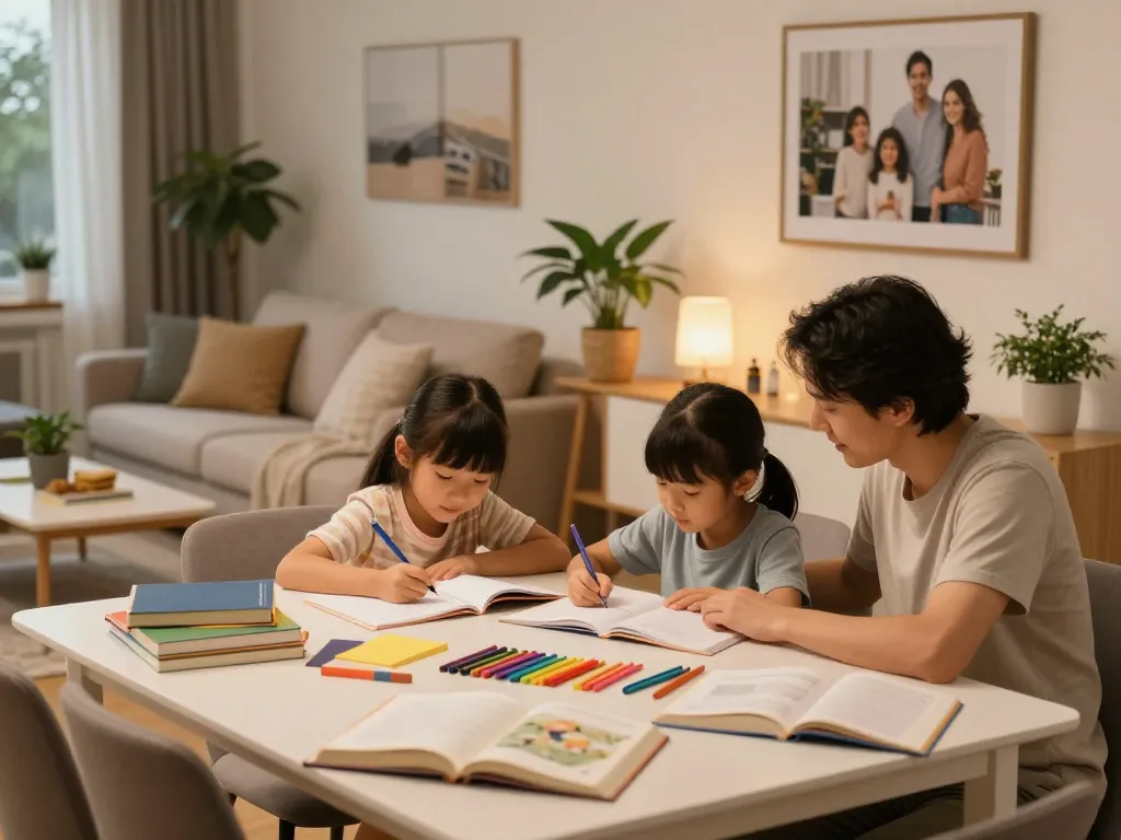 Familia disfrutando de servicios hogar en un entorno acogedor con actividades de tareas y una iluminación cálida.