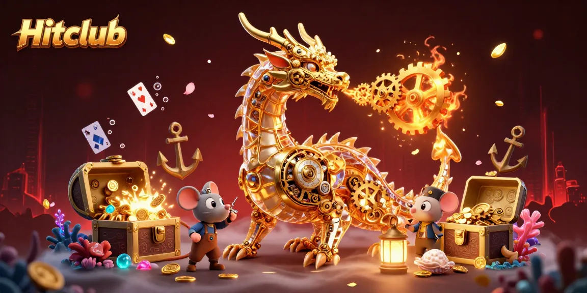 Engage in thrilling gameplay with Hitclub's golden dragon and cosmic treasures in a 3D illustration.