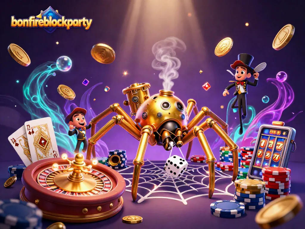 Experience the excitement of bonfireblockparty with golden steampunk elements and vibrant casino action.
