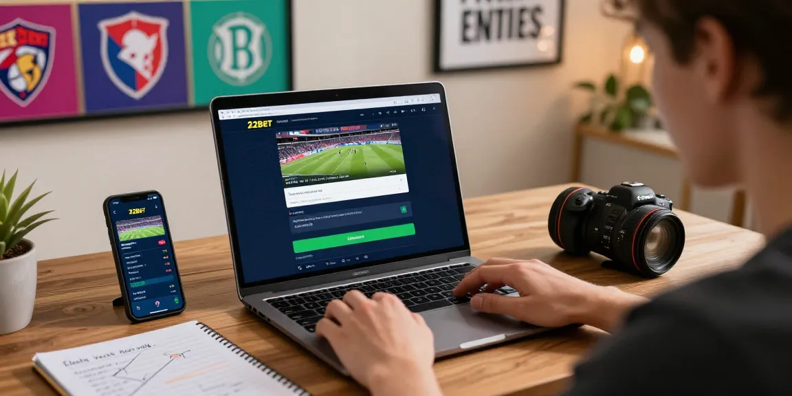 Engaged user accessing the 22Bet login for online sports betting in a cozy home office.