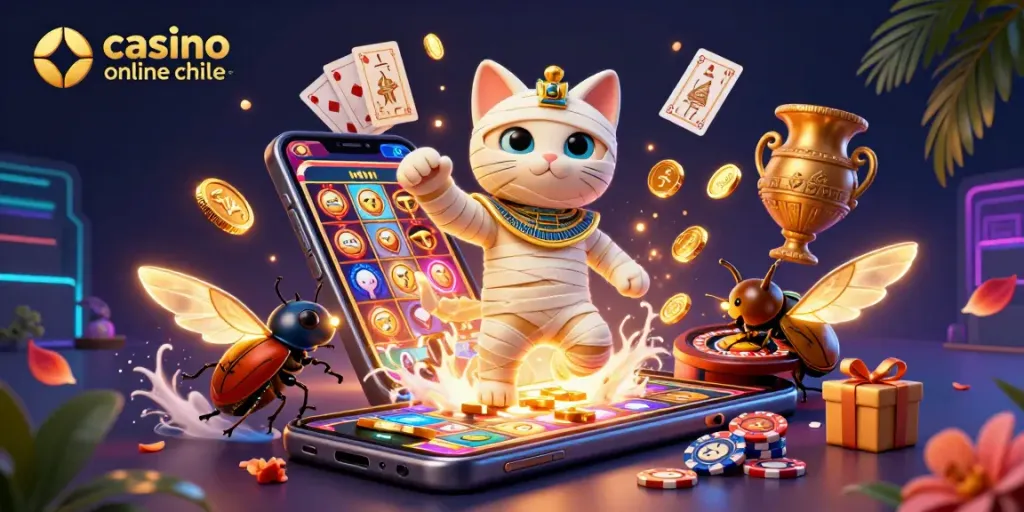 Juega en un casino online en Chile mientras un gato momia egipcio emerge en un vibrante ambiente de casino.