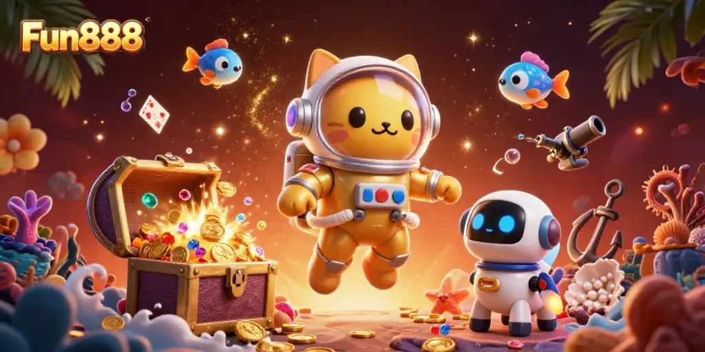 Experience fun with Fun888 in a vibrant digital casino adventure featuring cartoon characters and gaming elements.