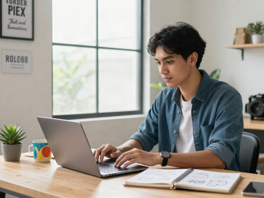 Entrepreneur researching rokok88 strategies in a modern home office