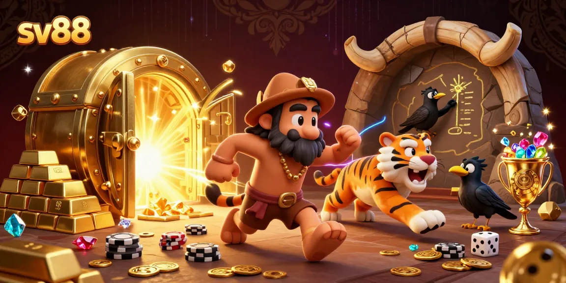 Experience the thrill of sv88 at a prehistoric casino with a caveman and sabertooth tiger!