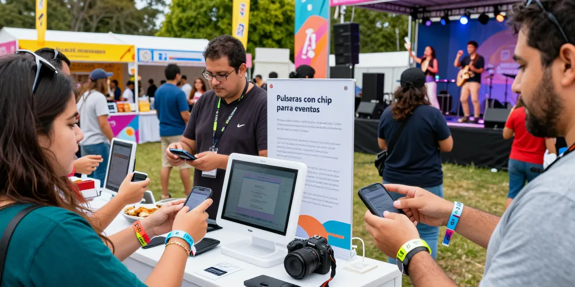 Attendees enjoying a festival with pulseras con chip para eventos, interacting at booths and engaging in cashless payments.